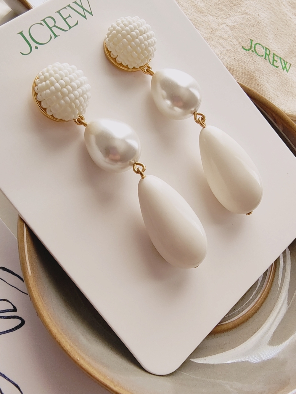 NWT J.Crew White Triple-Drop Pearl Statement Earrings